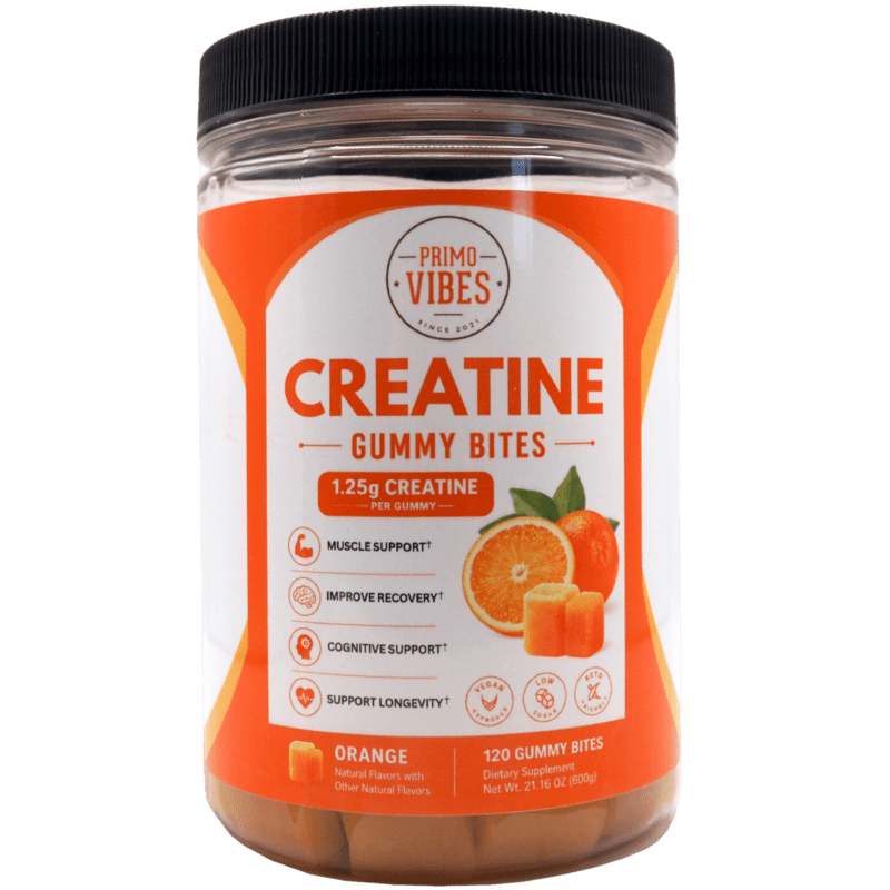 Jar of Primo Vibes Creatine Gummy Bites with orange label and black lid, showing citrus imagery on the front label.