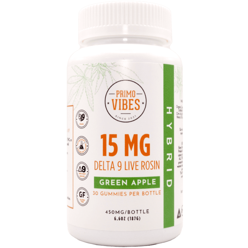 Primo Vibes 15 mg Delta 9 Live Rosin gummies, Green Apple flavor, 30 gummies per bottle.