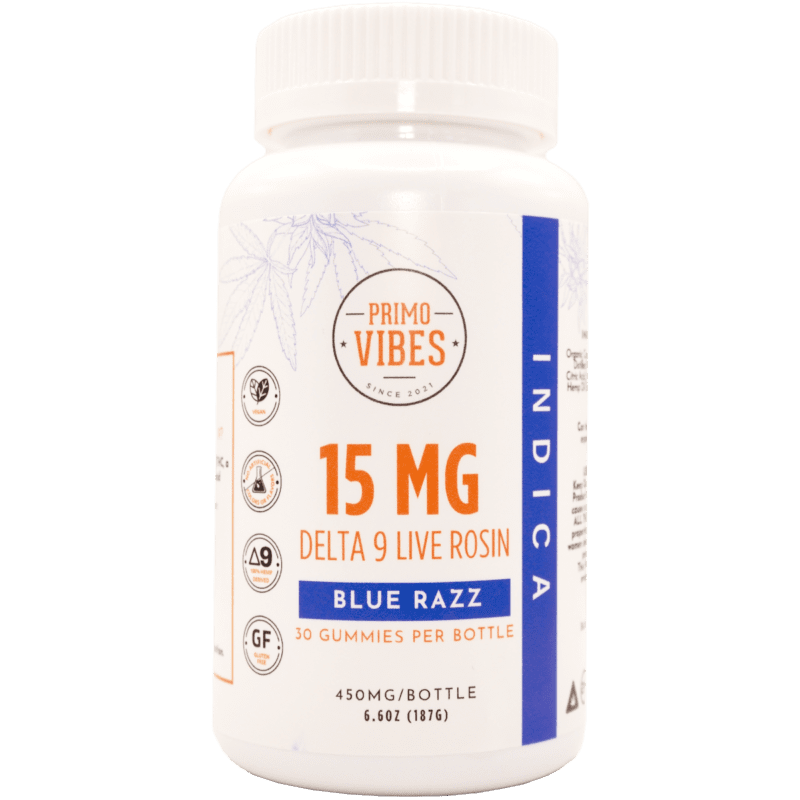 White bottle of Primo Vibes Delta-9 gummies, Blue Razz flavor, 15 mg per gummy (450 mg per bottle), 30 gummies per bottle, with blue vertical label on right.