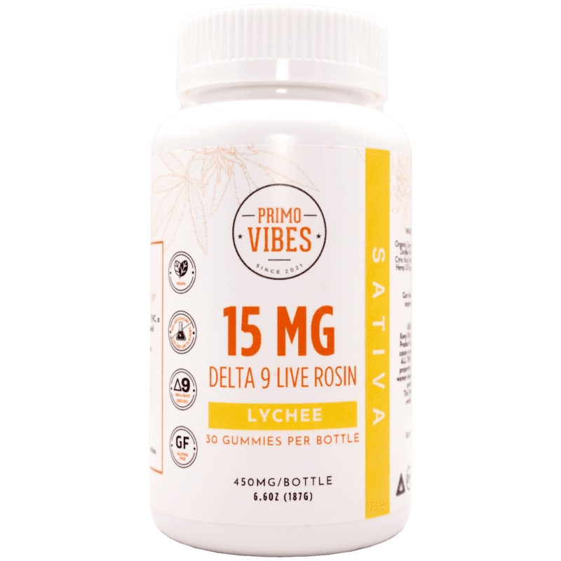 Bottle of Primo Vibes Lychee Delta-9 live rosin gummies, 15 mg per gummy, 30 gummies per bottle.