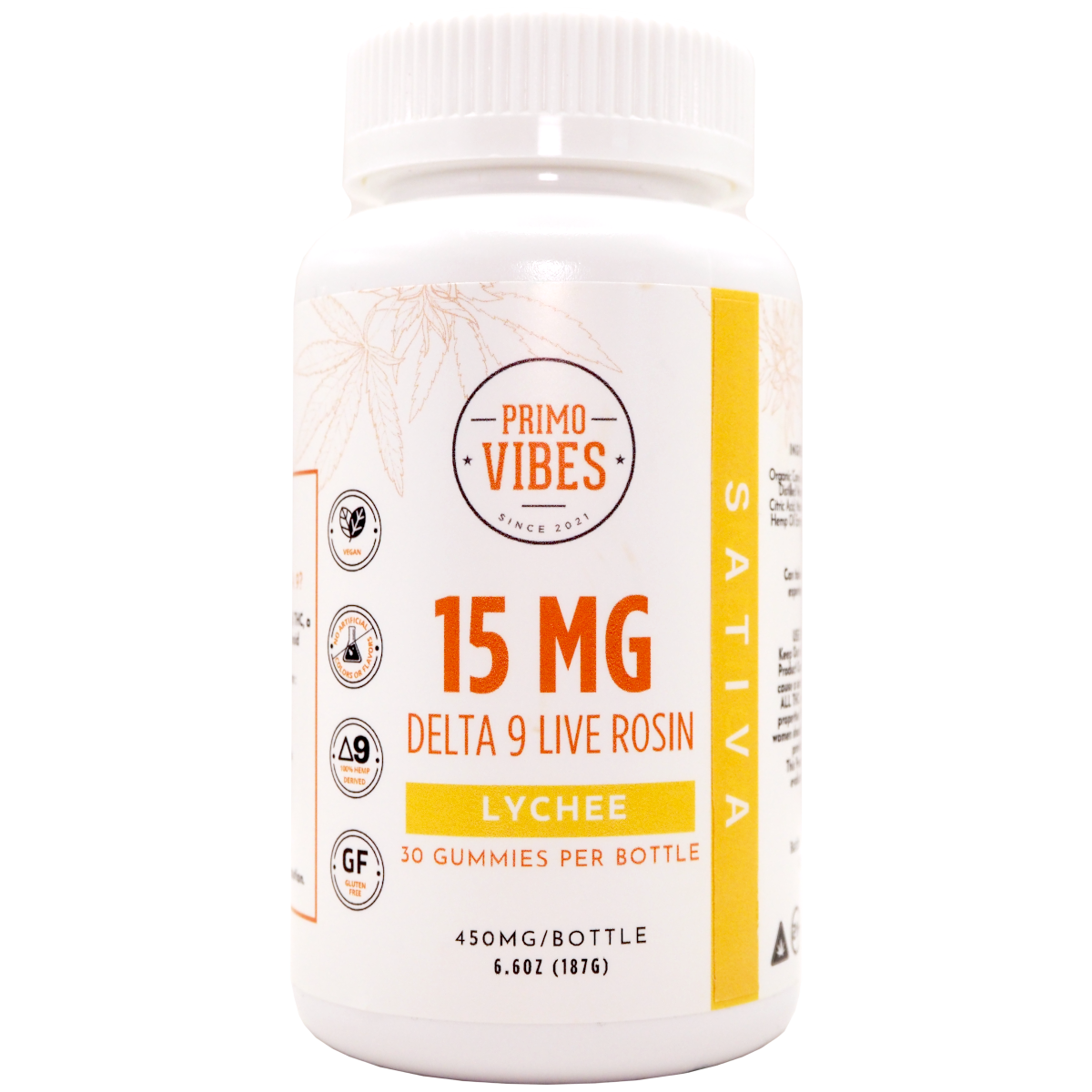 PV D9 LR 15mg Sativa Lychee - Modern CBD & Wellness Bottle of Primo Vibes Lychee Delta-9 live rosin gummies, 15 mg per gummy, 30 gummies per bottle.