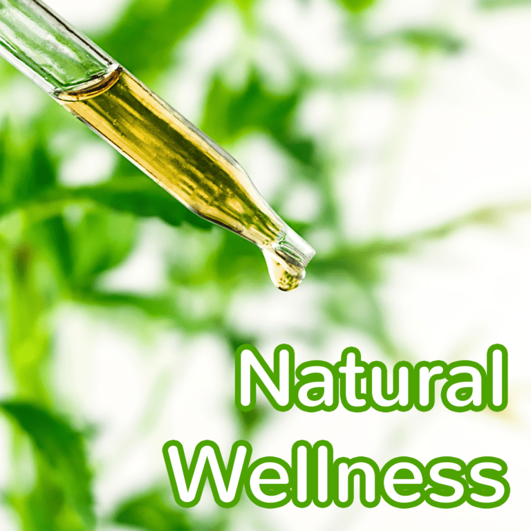 Close-up of a glass dropper with golden oil, set against a blurred green plant background (natural wellness theme).”,