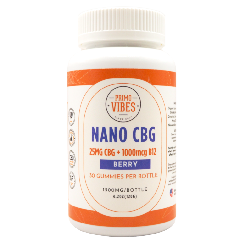Bottle of Primo Vibes Nano CBG gummies, Berry flavor, 30 gummies per bottle (25 mg CBG + 1000 mcg B12)