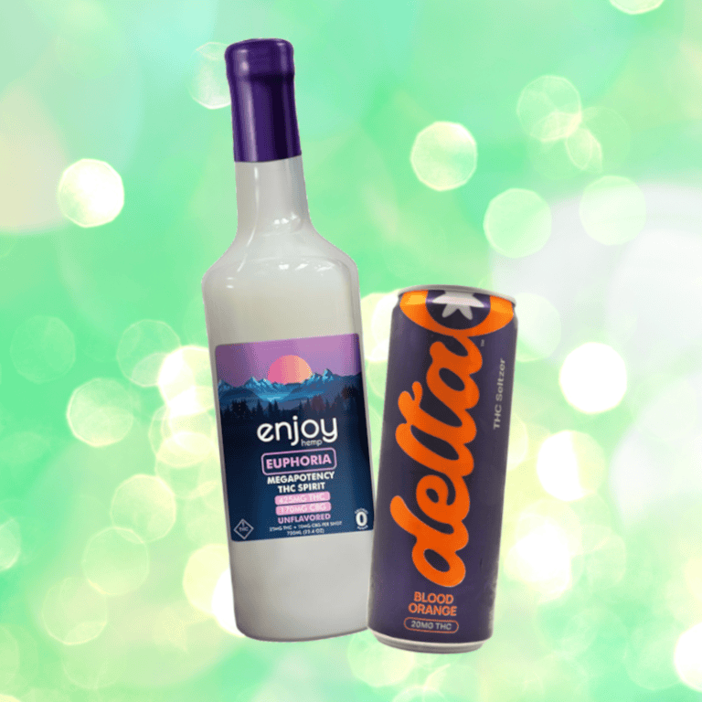 MCBD Summer Var Drinks - Modern CBD & Wellness Two hemp THC products: a frosted glass bottle with purple cap and a label featuring a sunset scene and the word 'enjoy' next to 'EUPHORIA' and 'Blood Orange' on the other product. The can is purple with bright orange lettering.
