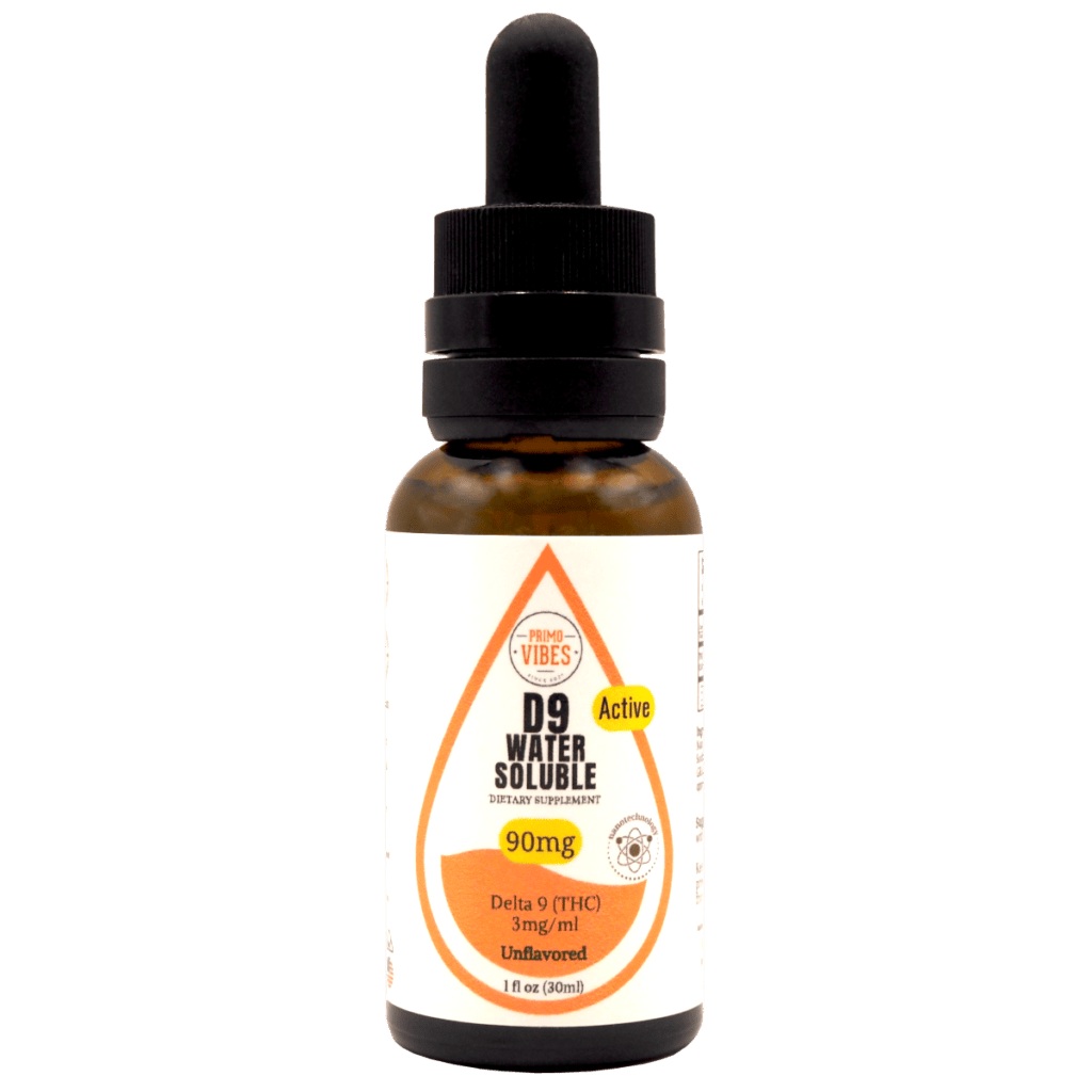 PV D9 Tinc 90 1200x1200 - Modern CBD & Wellness - Modern CBD & Wellness Brown glass dropper bottle labeled D9 Water Soluble Delta 9 THC dietary supplement, 90 mg total, unflavored, with orange drop-shaped label