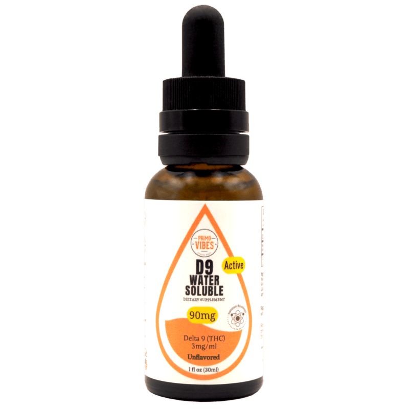 Brown glass dropper bottle labeled D9 Water Soluble Delta 9 THC dietary supplement, 90 mg total, unflavored, with orange drop-shaped label